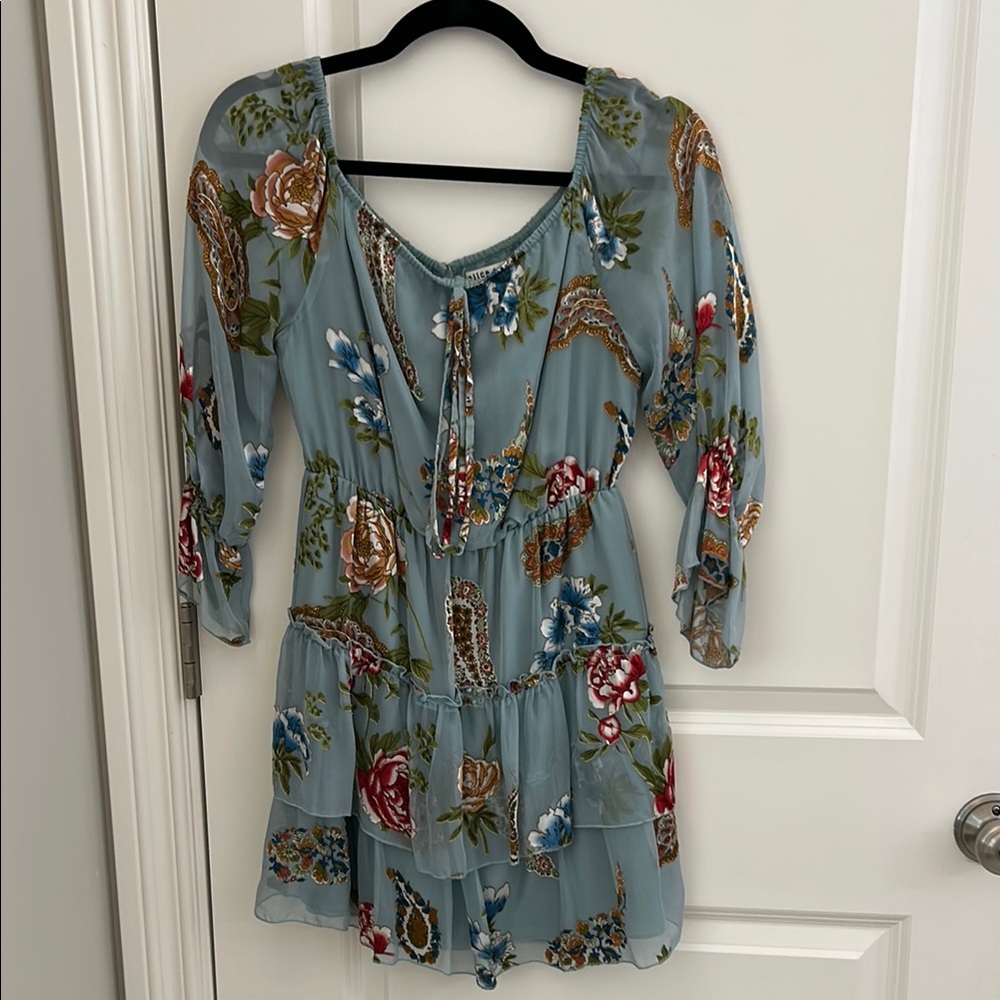 Blue Tiered Alice & Olivia Dress with 3/4 Sleeves and Tie Front